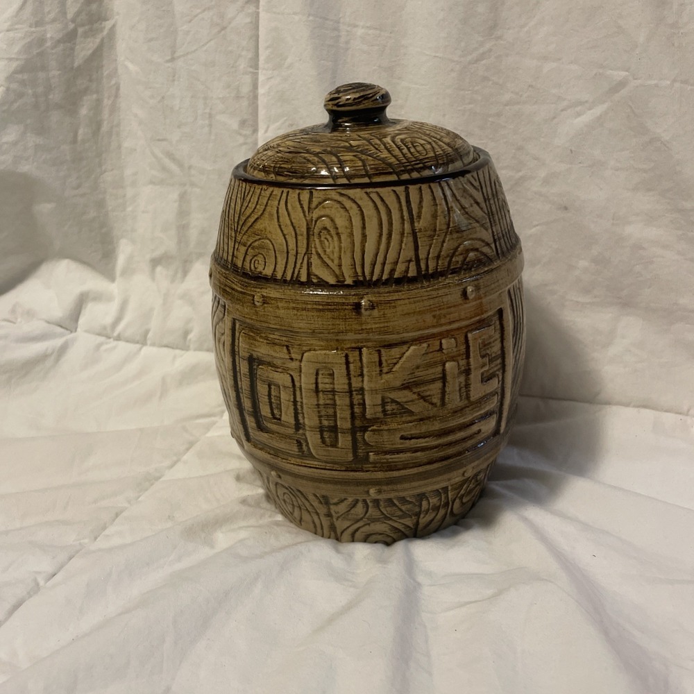 VINTAGE OVENWEAR BARREL SHAPE COOKIE‎ JAR MARKED USA 9" Cracked Lid